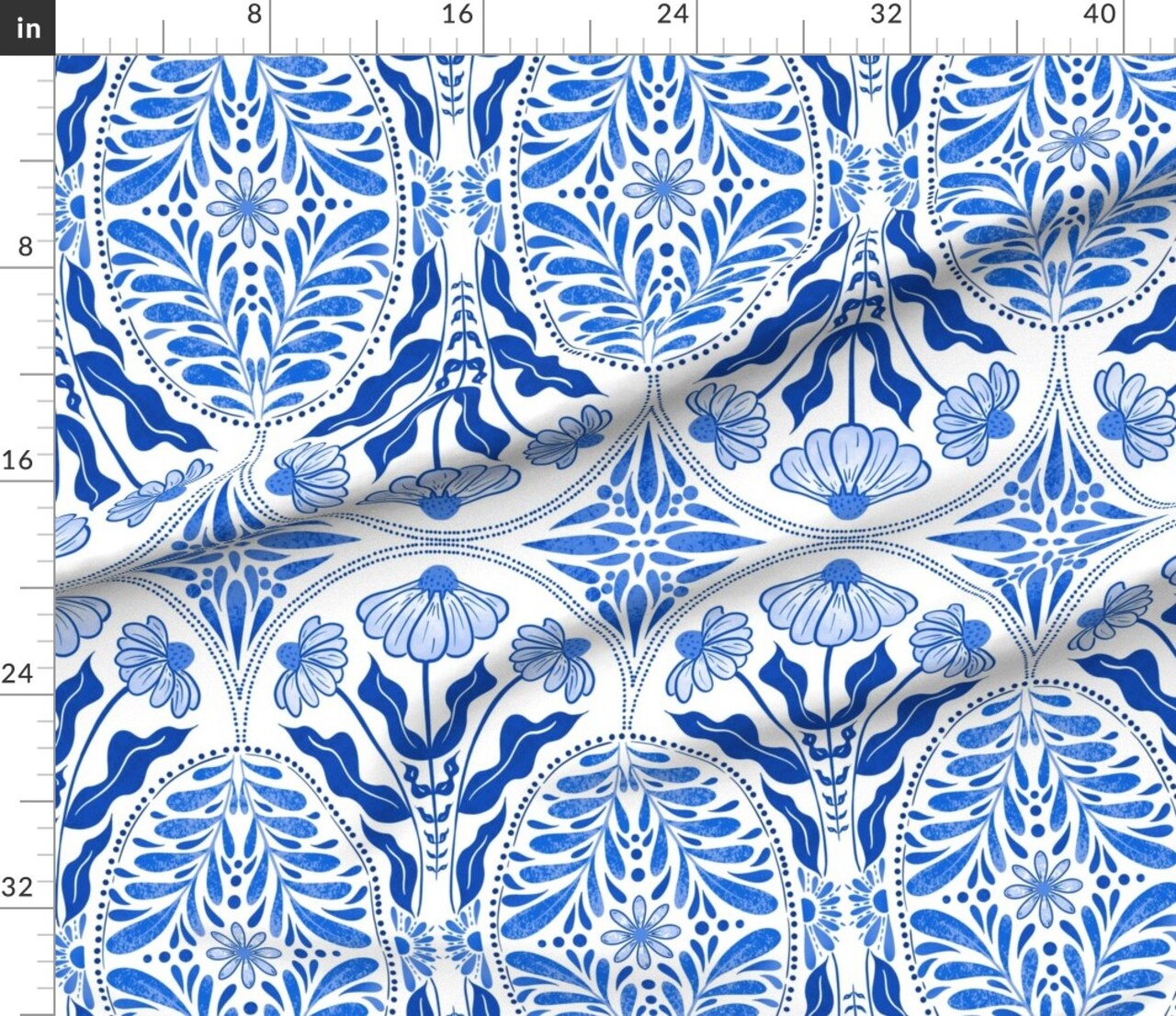 Art Nouveau Floral Botanical Classic Traditional Faux Tiles Mediterranean Damask Blue And White Spring Summer Large Scale Custom Printed Fabric by Spoonflower Various Fabrics by the Yard or Fat Quarter